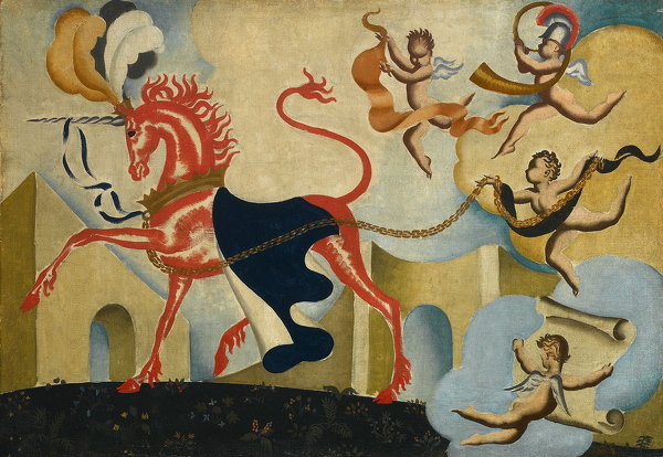 Artist Anna Zinkeisen (1901-1976): Unicorn with cherubs, circa 1930