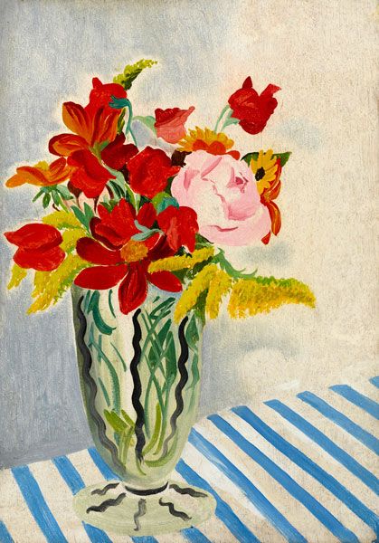 Artist Mary Adshead: Still life with stripey table cloth, circa 1960