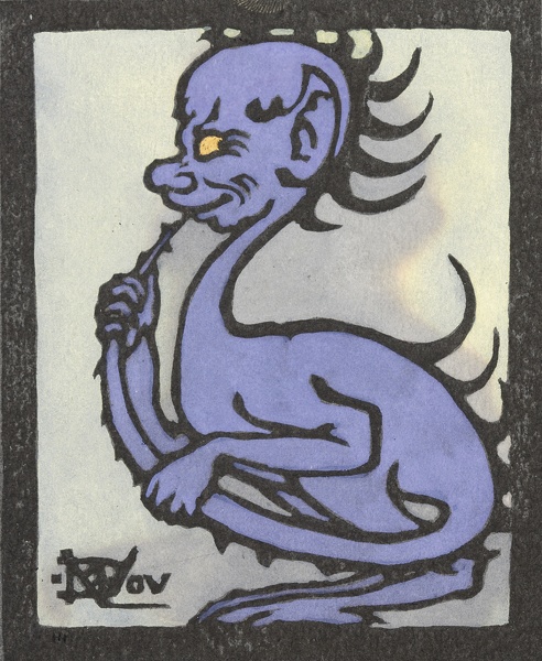 Artist Marion Wallace Dunlop: A Quizical Demon, (purple) from Devils in Diverse Shapes, circa 1906