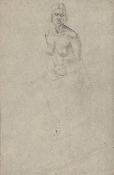 Artist Winifred Knights: Study for the Marriage at Cana, seated nude, three quarter frontal view, circa 1924