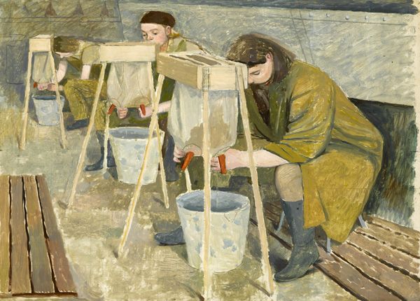 Artist Evelyn Dunbar (1906-1960): Milking Practice with Artificial Udders, 1940