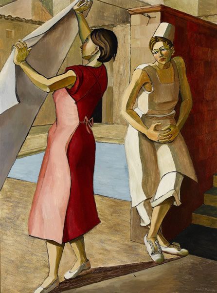 Artist Rachel Reckitt: Two Women in a backyard, one hanging linen, the other leaning against a wall; 1956