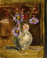 Artist Vanessa Bell: Still life of flowers in a vase, violet and pink chrysantemem, late 1940s