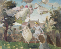 Artist Evelyn Dunbar: Oil sketch for Flying Applepickers, 1945-46 [HMO 765]