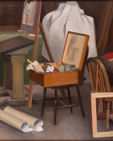 Artist Phoebe Willetts-Dickinson: A Corner of the Artists Studio with paintbox on a Windsor chair, late 30s