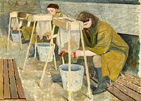 Artist Evelyn Dunbar: Milking Practice with Artificial Udders, 1940